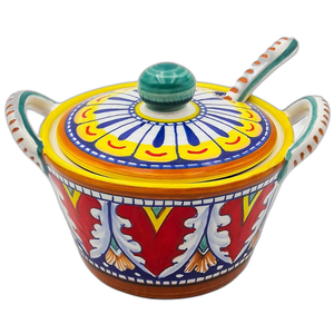 Cuenco para queso, azucarero con tapa y cuchara <span class=keywords><strong>de</strong></span> dos asas en cola <span class=keywords><strong>de</strong></span> pavo real <span class=keywords><strong>de</strong></span> lujo geométrica Deruta, cerámica artística pintada a mano - Product Image 1