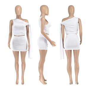 Ensemble jupe d'été extensible deux pièces avec débardeur sans manches à épaules <span class=keywords><strong>obliques</strong></span> et mini jupe - Product Image 6