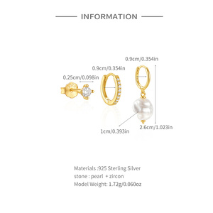 3 paires de boucles d'oreilles pour femmes, style simple et tendance, en argent sterling 925, avec diamants et perles, pour un look quotidien élégant. - Product Image 6