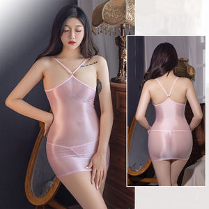 6454 Seksi İç Giyim Kadın Şeffaf Yüksek Esnek Dar Çift Kullanımlı Kısa İpek Elbise ve Tanga Seti - Product Image 4