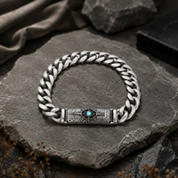 Bracelet à maillons épais en acier inoxydable oxydé antique, avec œil porte-bonheur incrusté de turquoise et fermoir boîte moulé, bijoux pour homme, tenue de motard