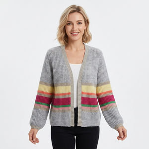 Custom Women's Fall Winter Casual Knitted Cardigan Striped Long Sleeve Breathable V-neck Mohair Sweater - Product Image 1