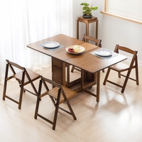 Ensemble de salle à manger pliable extensible en bambou, table peu encombrante avec 4 chaises, rangement et roulettes universelles pour petit salon