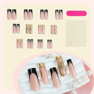 Uñas postizas largas tipo ataúd con punta francesa negra, diseño de cruz y estrellas, líneas irregulares, reutilizables, estilo gótico para fiestas. - Product Image 3