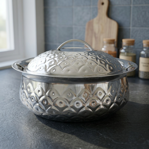 Vintage Stainless Steel Casserole Dish with <b>Lid</b> Round Polished Metal <b>Pot</b> for Gas and Induction Cookers Durable Design - Product Image 1