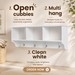 Appendiabiti <span class=keywords><strong>da</strong></span> <span class=keywords><strong>Parete</strong></span> Moderno in Legno con Mensola, Unità a Muro 3 Componenti 4 Ganci Bianco - Product Image 5