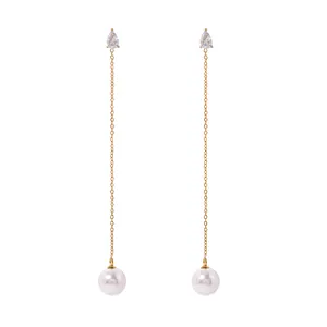 J&D 18k Gold Stainless Steel Jewelry Minimalist Pear Crystal Stone 5A Quality Glass Pearl Long Tassel Earring