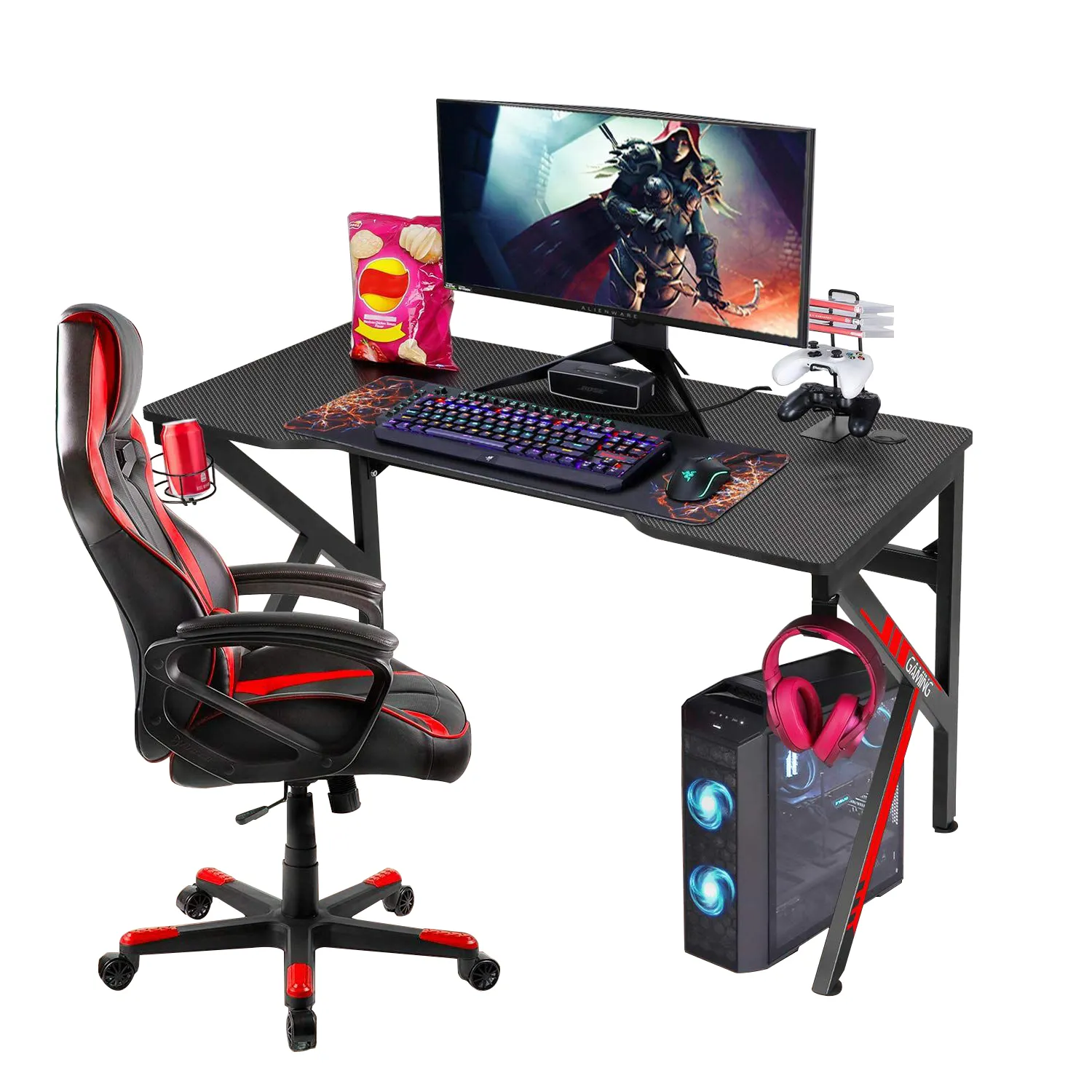 Mesa de juegos en forma de K de alta calidad, escritorio de ordenador negro, venta al por mayor de fábrica, juego de silla