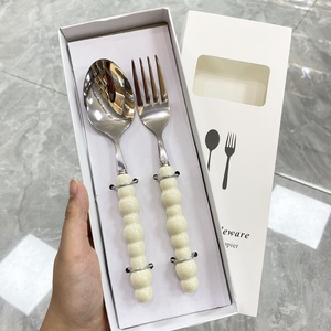 Juego de cubiertos de acero inoxidable con mango de cerámica perlada, cuchillo para carne, tenedor para postre, cuchara, para el hogar, restaurante, hotel. - Product Image 3