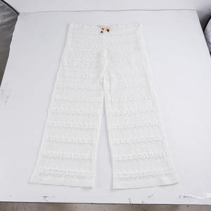 Vacation Resort Breathable Summer Women's Sheer Knit Wide Leg Palazzo <b>Trousers</b> Solid Lace Texture Bohemian Style Loose Fit - Product Image 2