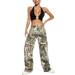 Pantalons cargo camouflage pour femmes à taille mi-haute, style Y2K, coupe droite, jambes larges, jeans avec poches à rabat, prix bas - Product Image 1