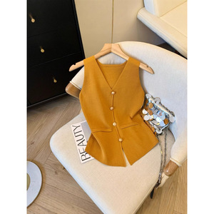 Gilet sans manches en tricot à col en V pour femme en automne avec une sensation haut de gamme et un gilet de niche avec un dos évidé - Product Image 1