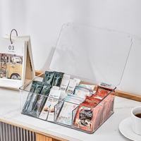 Boîte de rangement moderne en plastique transparent pour sachets de thé et capsules de café, avec couvercle anti-poussière, petit compartiment pour cartes et badges