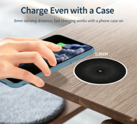 Chargeur sans fil magnétique intégré au bureau, 15W, charge rapide DC, port USB, boîtier en alliage d'aluminium, argent/noir, pour téléphone portable