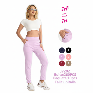 Pantaloni da Donna MSM a Vita Alta, Gamba Dritta, in Maglia Traspirante, Cotone Elasticizzato, Casual, Lunghezza Intera, Tinta Unita, Vita Elastica - Product Image 1