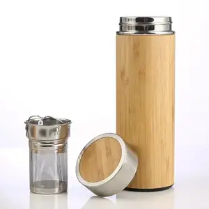 Voccum Thermo de madera de bambú ecológico Natural, termo de agua, tazas de aislamiento de acero inoxidable, botellas de agua potable de viaje