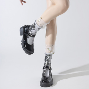 Calzini Metallizzati Lucidi da Donna a Metà Polpaccio, in Rete Trasparente con Ricamo Floreale e Balze, per Feste - Product Image 5