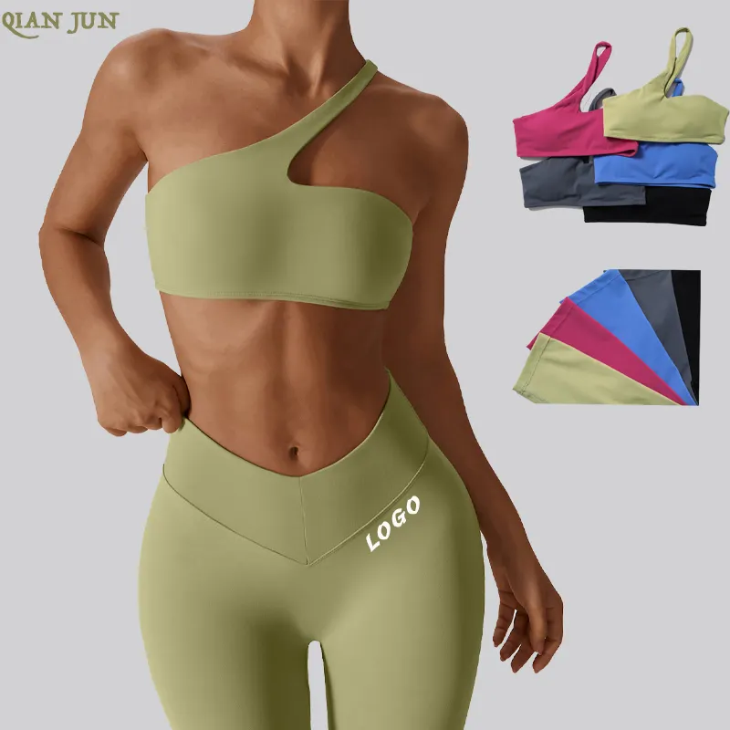 Cómodos tops de un hombro, conjuntos de Fitness para gimnasio, conjuntos de mallas de cintura alta, conjuntos de ropa de Fitness para mujer de secado rápido