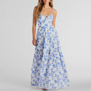 Fabricant de vêtements, robes longues décontractées d'été pour femmes, en coton et lin, imprimées de fleurs, sans manches, style plage, sur mesure - Product Image 1