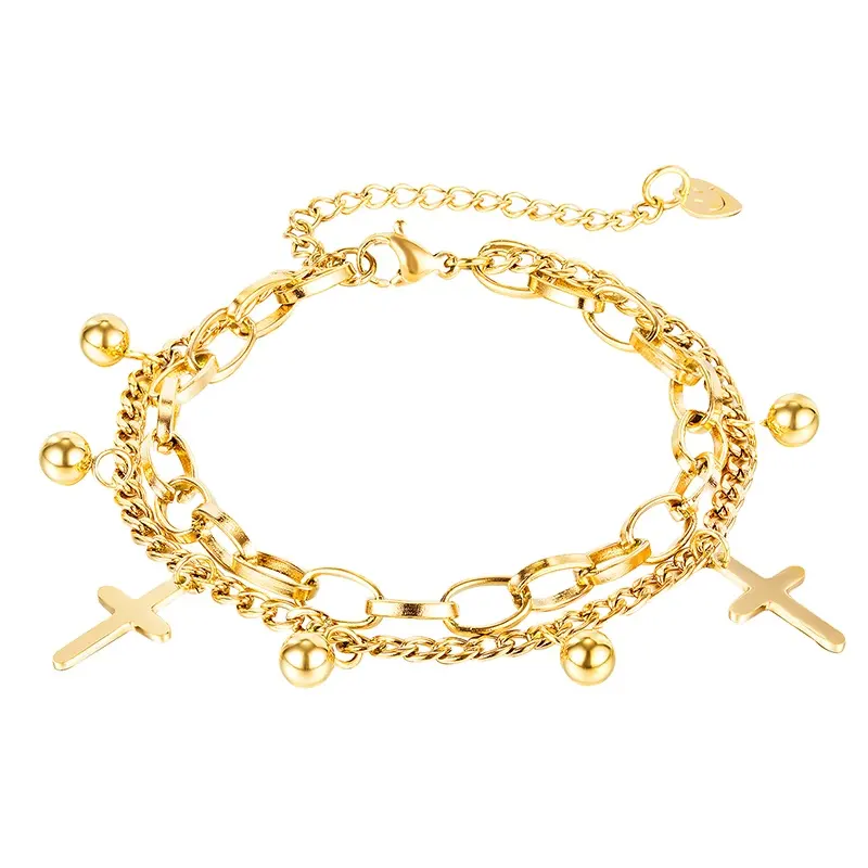 Vrouwen Sieraden Goud Roestvrij Staal Bal Kralen Bengelen Charme Dubbele Laag Cross Link Armband