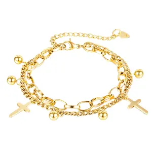 Women Jewelry Gold Stainless Steel Ball Beaded Dangle Charm Double Layer Cross Link Bracelet