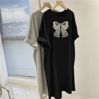 Robe T-shirt décontractée pour femme, grande taille, imprimée avec nœud, mi-longue, ample, amincissante, à manches courtes