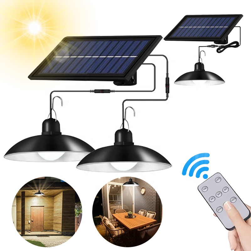 Single Dual Heads Solar Pendant Lights Remote Control Indoor Outdoor Shed Lamp Led Hanging for Storage Room Yard Porch Garden