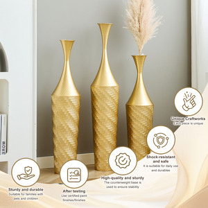 Juego de 3 jarrones de metal dorado para piso de 27.56, 31.5 y 35.43 pulgadas de altura, hechos a mano, de hierro, modernos, texturizados, decorativos para la sala de estar. - Product Image 5