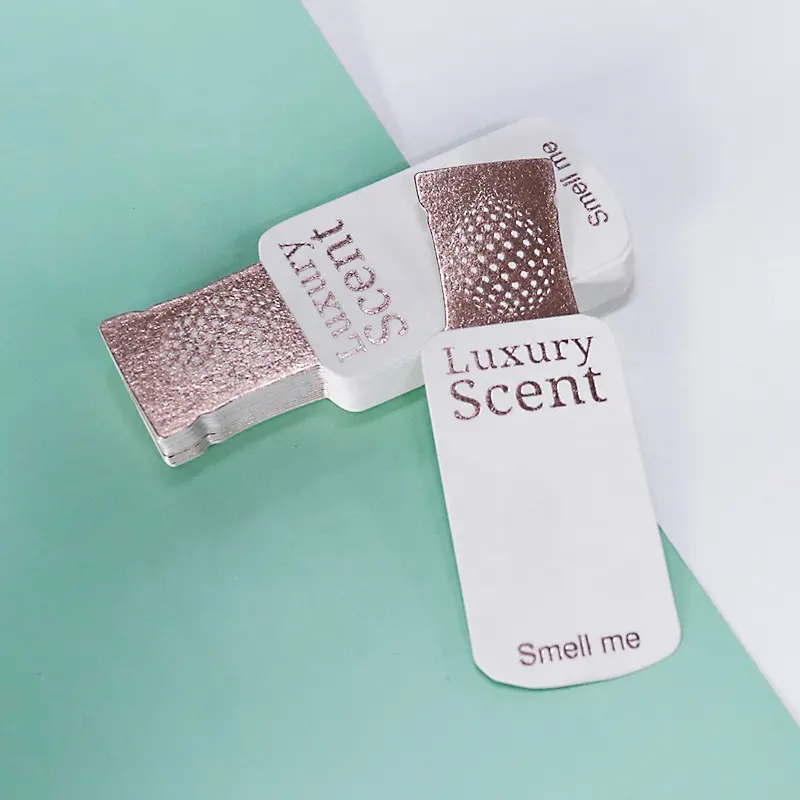 Kit de muestra de fragancia con impresión de logotipo personalizado, prueba de tarjetas de papel, probador de forma de botella de perfume, tiras de papel