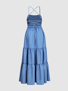Vestido Maxi Vaquero Formal Lavado de Alta Calidad para Mujer, Verano, Playa, Vacaciones, Diseño Hueco Plisado, Patrón Sólido, Cintura Natural - Product Image 2