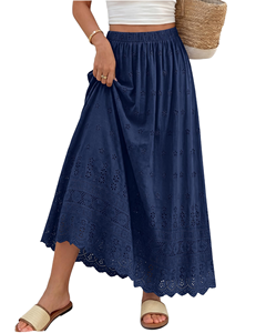 Jupe longue bohème évasée pour femme, taille élastique, broderie florale, en coton et bambou, respirante, longueur cheville, idéale pour l'été - Product Image 1