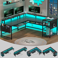 Bureau de jeu PC moderne en bois avec lumières LED, grand bureau en bois en forme de L avec étagères de rangement pour salle de jeu