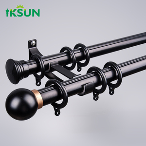 IKSUN Double Curtain Rod Set with Finials & Rings, Modern Black Metal Curtain Pole, Wall <b>Mount</b> for Living Room Bedroom - Product Image 1