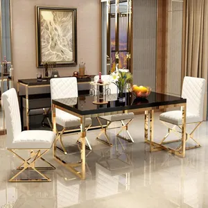 Set Meja Makan Emas Furnitur Ruang Makan Mewah Modern Set Meja Makan Juegos De Comedor dengan 4 Tempat Duduk 6 Kursi