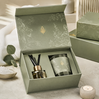 Coffret de bougies de spa à la sauge avec motifs botaniques sérigraphiés, estampage doré, fente pour diffuseur, finition douce, pour bureau de direction