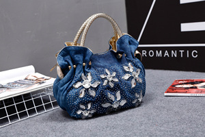 High quality Elegant Women's Denim Pillow Bag With Crystal Flower Daily Use <b>Handbag</b> denim women's bag versatile <b>small</b> bag - Product Image 2