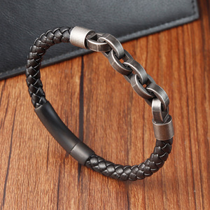Braided Genuine <b>Leather</b> <b>Bracelet</b> & Antique Silver 316L Stainless Steel Chains & Magnetic Clasp | Vintage Style Men's Wristband - Product Image 5