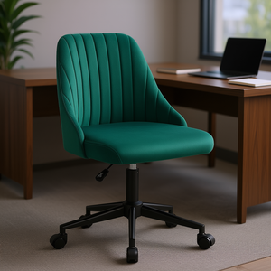 Chaise de bureau pivotante à dossier moyen en velours vert avec design festonné pour usage domestique ou commercial - Product Image 2