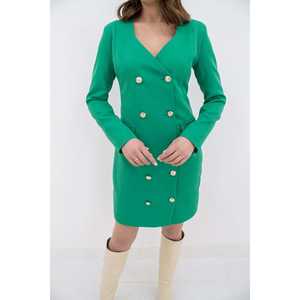 Vestido tipo chaqueta verde con cuello en V y botones dorados, cintura natural, tejido de tela, cómodo vestido de oficina. - Product Image 2