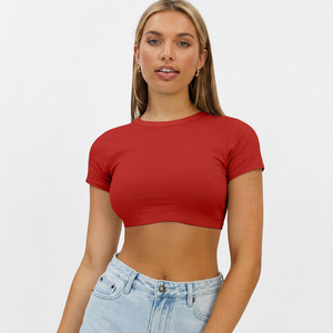 Women's <b>Red</b> <b>Crop</b> <b>Top</b> Short Sleeve Crew Neck Knitted Spandex Cotton Casual Summer Solid Color Slim Fit T-Shirt - Product Image 1