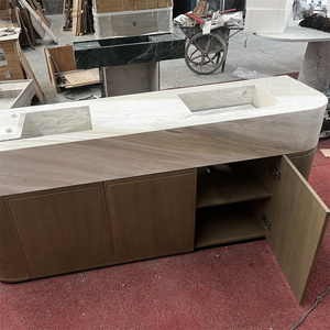Comptoir de réception en marbre arrondi sur mesure avec double évier intégré, comptoir de hall d'hôtel commercial avec base en <span class=keywords><strong>bois</strong></span> - Product Image 1
