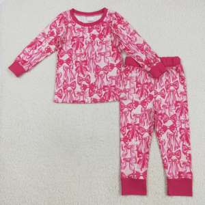 Conjunto de ropa de Boutique para niña pequeña, conjuntos de otoño con estampado de lazos rosas fuertes, pijamas de invierno para niña bebé al por mayor - Product Image 1