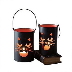 Portavelas Votivo de Metal con Forma de Cara de Gato en Color Negro para Decoración de Halloween - Product Image 1