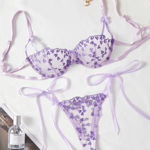 Set di Lingerie di Alta Qualità con Ricamo a Cuore Viola, <span class=keywords><strong>Reggiseno</strong></span> e Slip Trasparenti, Intimo Sexy con Lacci Laterali per Donna, Idea Regalo - Product Image 1