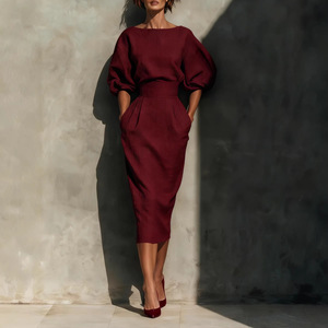 Abito <span class=keywords><strong>Elegante</strong></span> da Donna Stile Primavera-Autunno <span class=keywords><strong>con</strong></span> <span class=keywords><strong>Scollo</strong></span> a Barca e Linea ad A, Abbinato a Top <span class=keywords><strong>con</strong></span> Maniche a Sbuffo e Gonna Plissettata a Vita Alta - Product Image 2