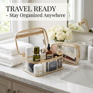 Ensemble de trousses de maquillage transparentes de qualité supérieure, en cuir PVC matelassé, imperméable, organiseur de toilette de voyage avec fermeture éclair dorée pour femmes, vacances, personnalisable - Product Image 3