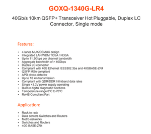 Módulo Transceptor Óptico GOXQ 1340G LR4 40G QSFP+ LR4, 1310nm, 10KM, Conector LC Dúplex, Fibra Monomodo para Centro de Datos - Product Image 2