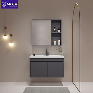 Meuble-lavabo mural moderne gris pour salle de bain avec miroir et rangement, idéal pour hôtels et maisons (vente en gros) - Product Image 1