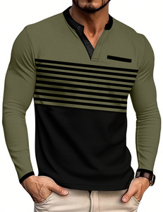 Nouveau T-shirt décontracté slim pour homme été 2025 – T-shirt tricoté tendance à boutons sur la poitrine, imprimé rayé, manches longues, coloré - Product Image 3