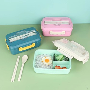 Wheat Straw Lunch Box <b>Large</b> Capacity Bento Box Microwaveable Office Student Use Solid Color Rectangle Lid <b>Plastic</b> Handleless - Product Image 2